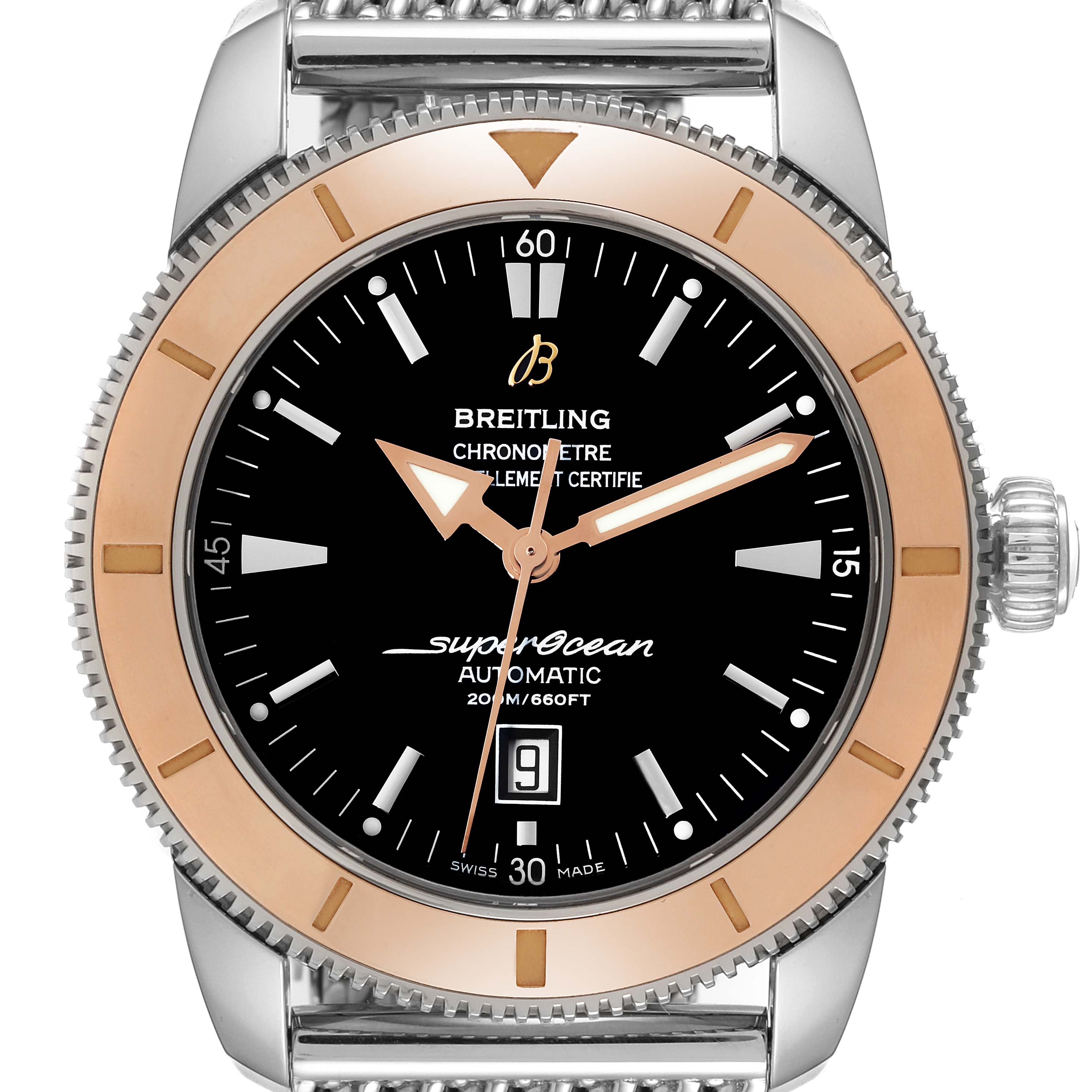 The image shows a front view of the Breitling Superocean U17320 Men's Stainless Steel Black Dial U17320 Men's Stainless Steel Black Dial model, highlighting the dial, bezel, and part of the metal band.