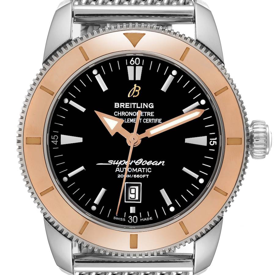 The image shows a front view of the Breitling Superocean U17320 Men's Stainless Steel Black Dial U17320 Men's Stainless Steel Black Dial model, highlighting the dial, bezel, and part of the metal band.