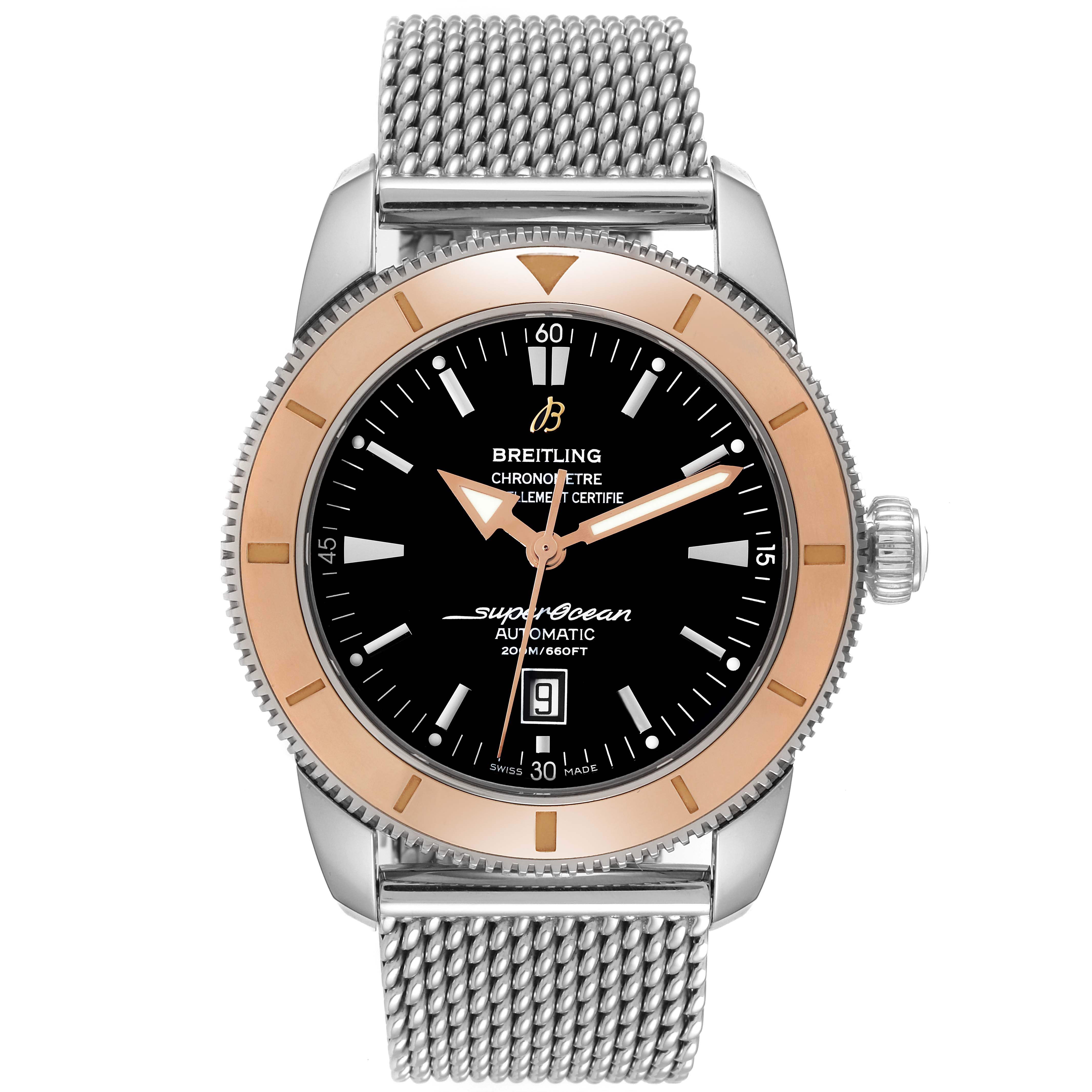 The image shows a frontal view of a Breitling Superocean U17320 Men's Stainless Steel Black Dial U17320 Men's Stainless Steel Black Dial watch, highlighting the dial, bezel, crown, and mesh bracelet.