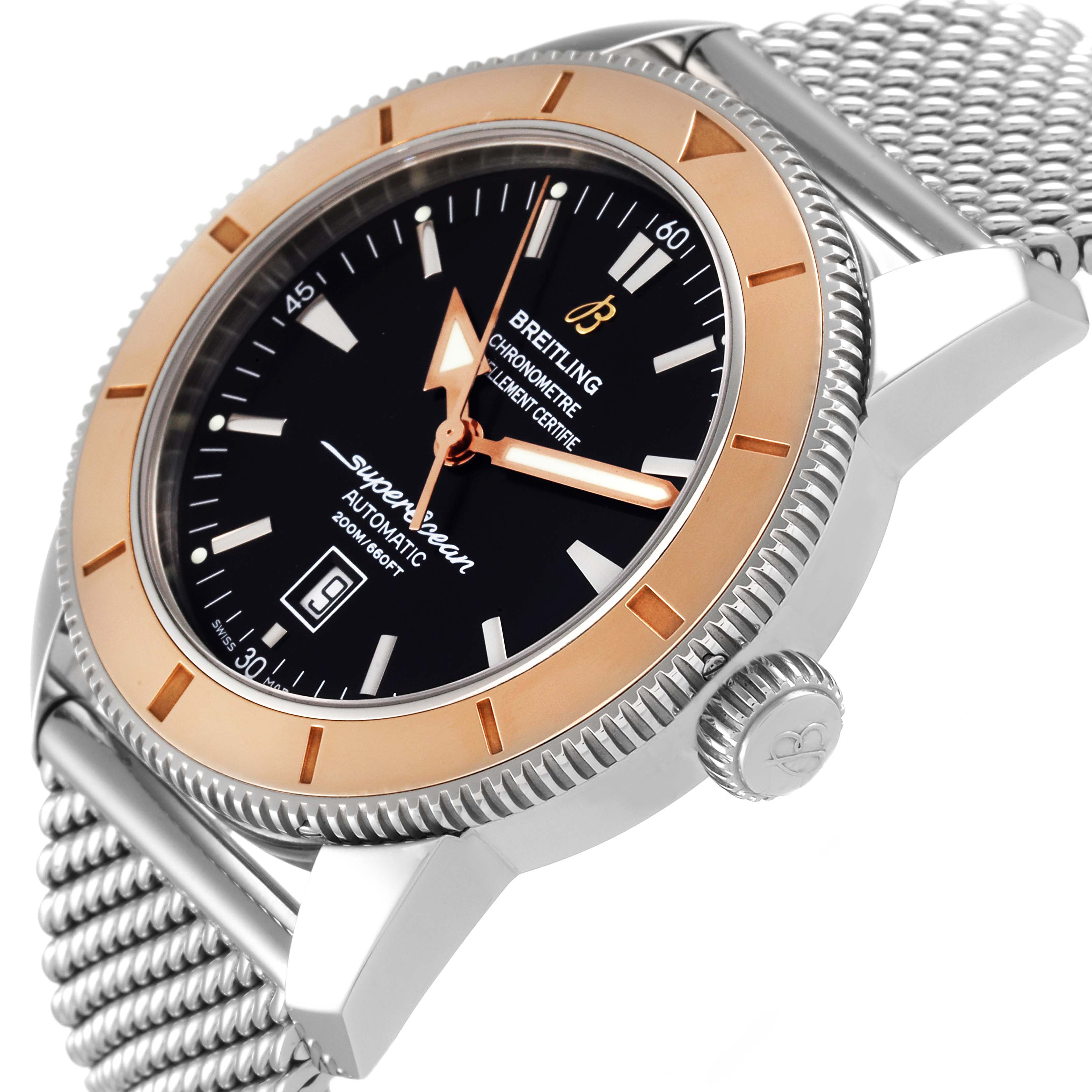 The image shows the Breitling Superocean U17320 Men's Stainless Steel Black Dial U17320 Men's Stainless Steel Black Dial watch at an angle highlighting its dial, bezel, crown, and part of the mesh bracelet.