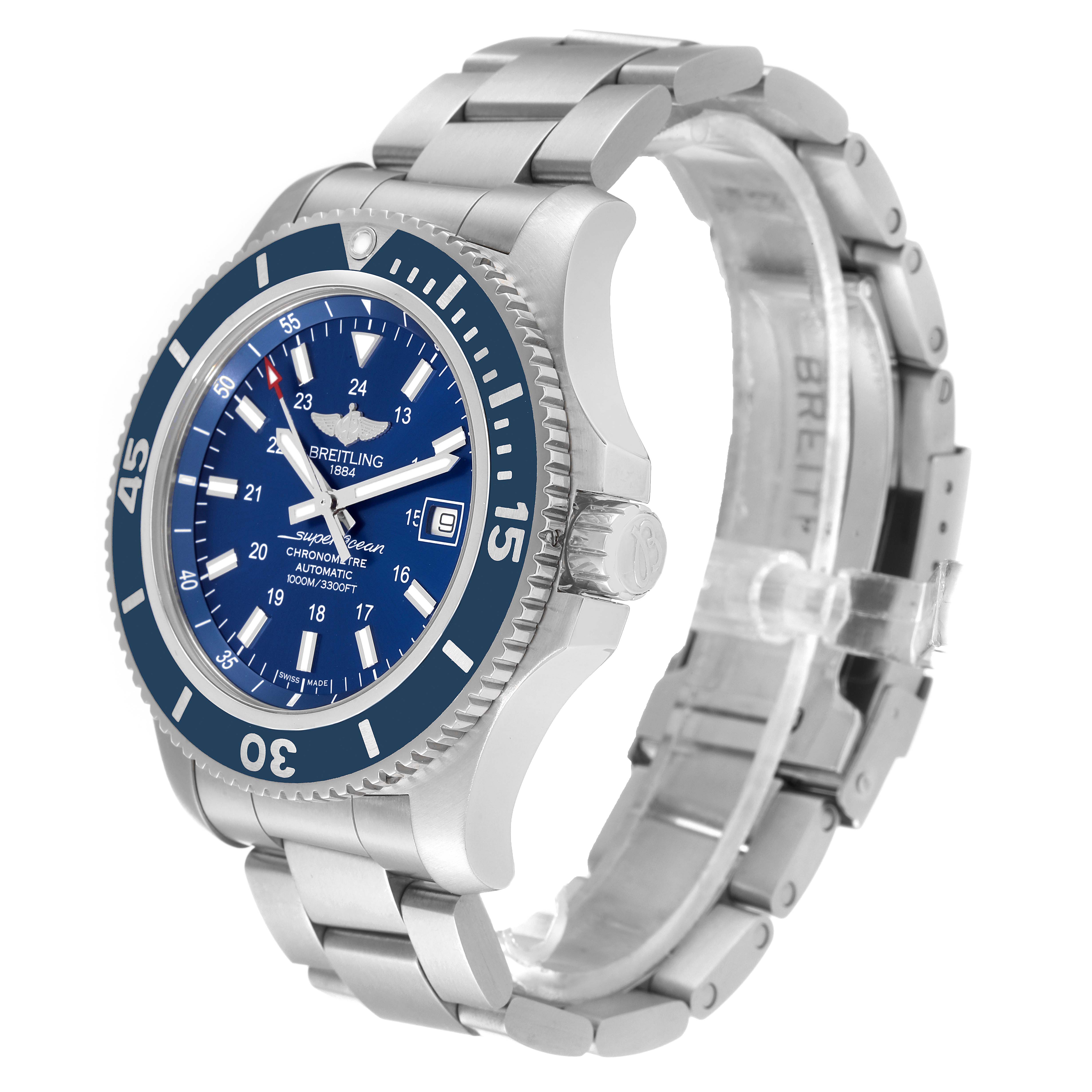 This Breitling Superocean A17392 Men's Stainless Steel Blue Dial A17392 Men's Stainless Steel Blue Dial watch is pictured from a 3/4 angle, showing the face, bezel, crown, and metal bracelet.