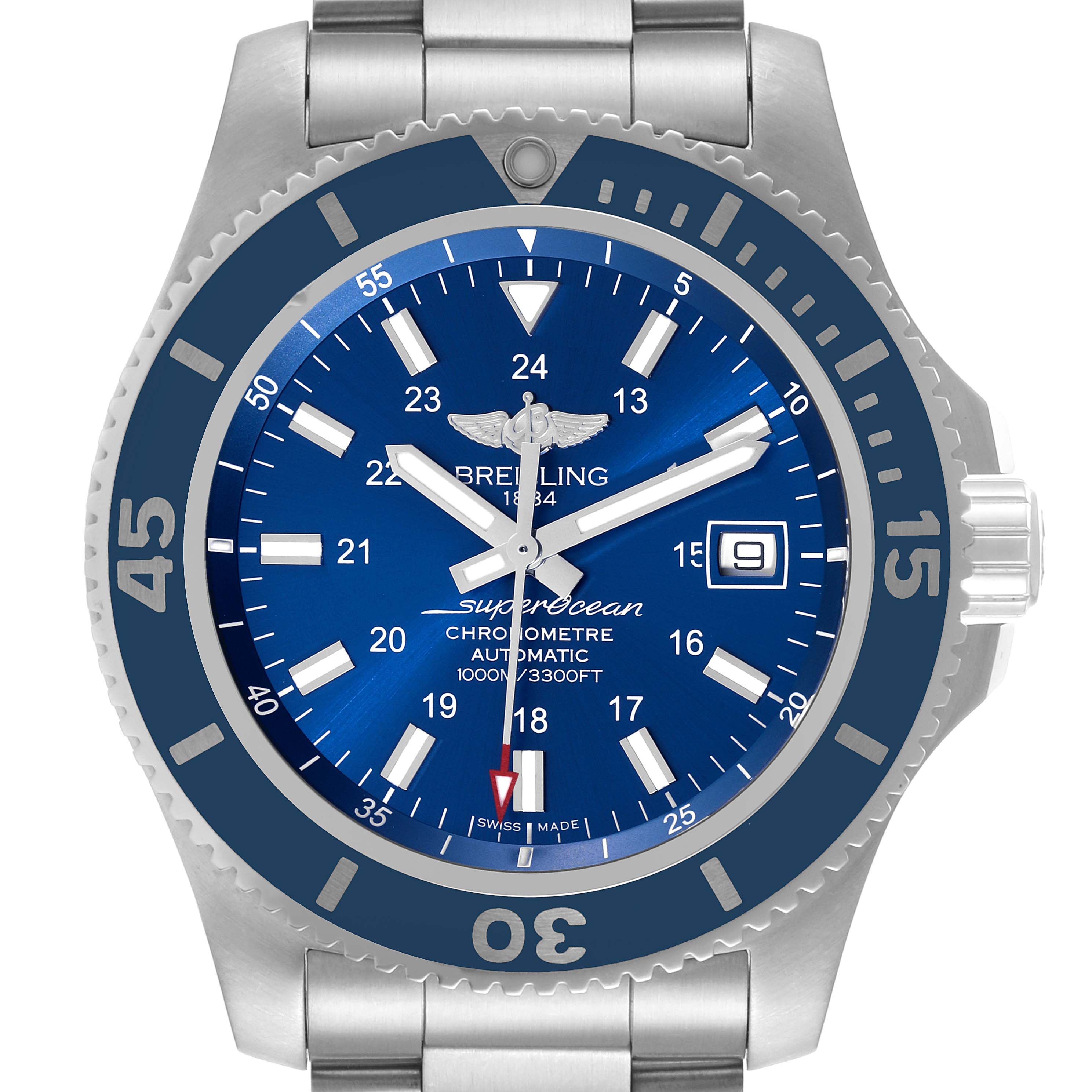 The image shows a front view of the Breitling Superocean A17392 Men's Stainless Steel Blue Dial A17392 Men's Stainless Steel Blue Dial watch, detailing its blue dial, rotating bezel, and stainless steel bracelet.