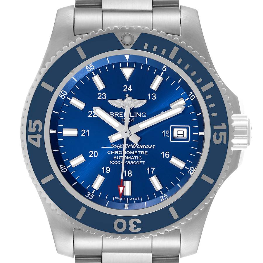 The image shows a front view of the Breitling Superocean A17392 Men's Stainless Steel Blue Dial A17392 Men's Stainless Steel Blue Dial watch, detailing its blue dial, rotating bezel, and stainless steel bracelet.