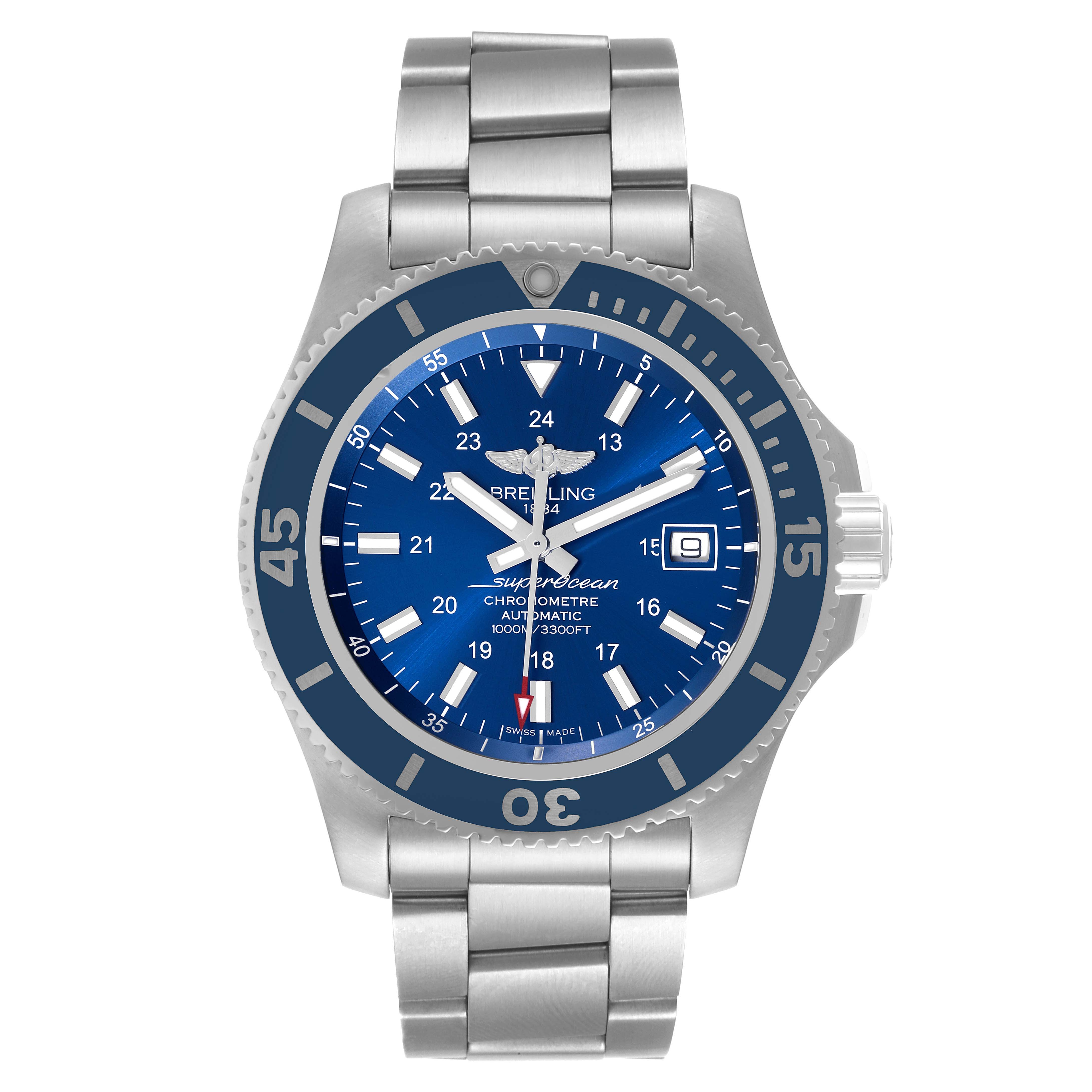 The image shows a frontal view of a Breitling Superocean A17392 Men's Stainless Steel Blue Dial A17392 Men's Stainless Steel Blue Dial watch, displaying its blue dial, bezel, and stainless steel bracelet.