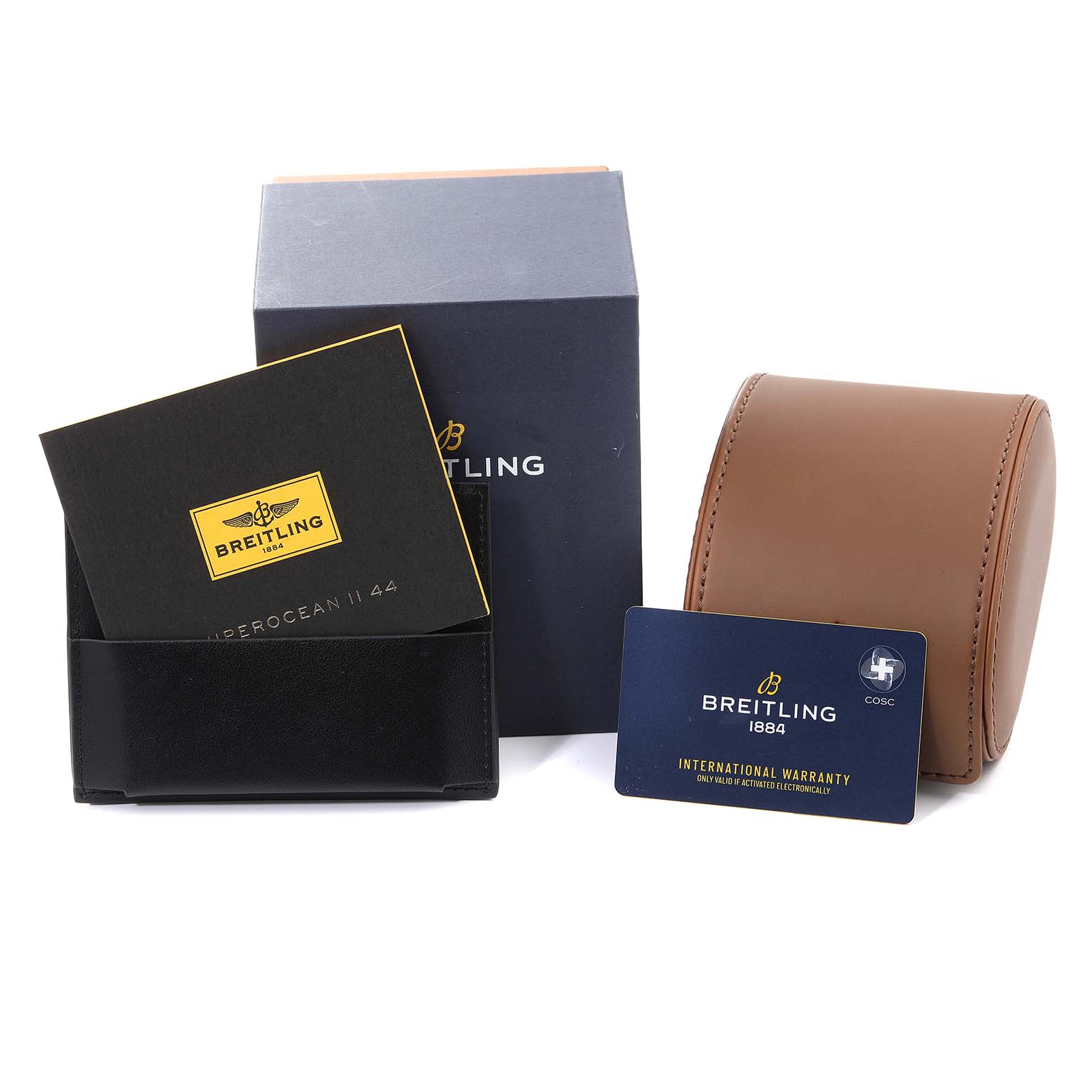 The image shows the packaging, warranty card, manual, and watch case for the Breitling Superocean A17392 Men's Stainless Steel Blue Dial A17392 Men's Stainless Steel Blue Dial model.