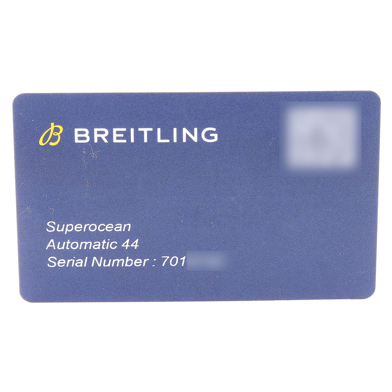 The image shows the warranty card for the Breitling Superocean A17392 Men's Stainless Steel Blue Dial A17392 Men's Stainless Steel Blue Dial Automatic 44 watch.
