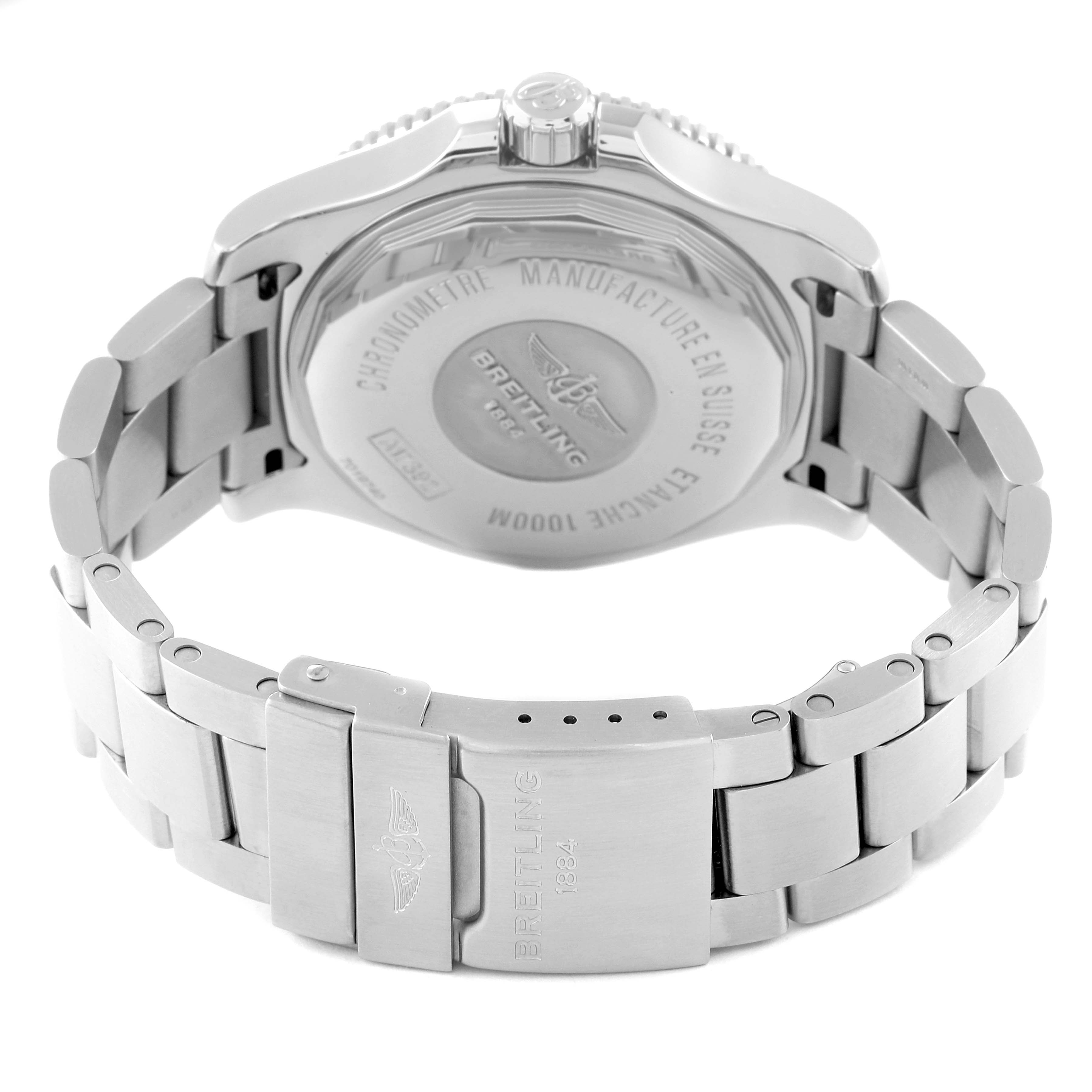 The image shows the backside and stainless steel bracelet of the Breitling Superocean A17392 Men's Stainless Steel Blue Dial A17392 Men's Stainless Steel Blue Dial watch.