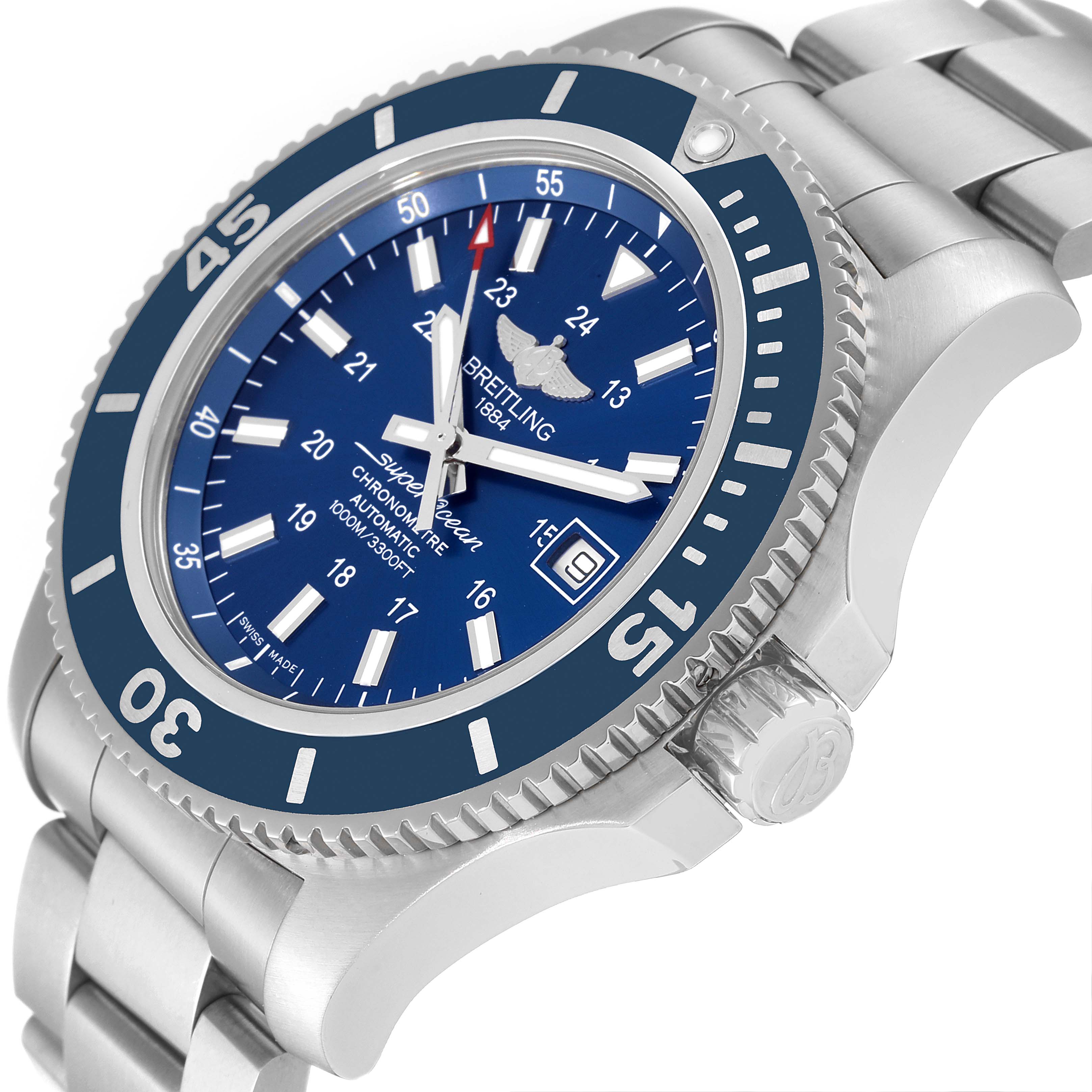 The image shows a side angle of the Breitling Superocean A17392 Men's Stainless Steel Blue Dial A17392 Men's Stainless Steel Blue Dial watch, highlighting its bezel, bracelet, and crown.