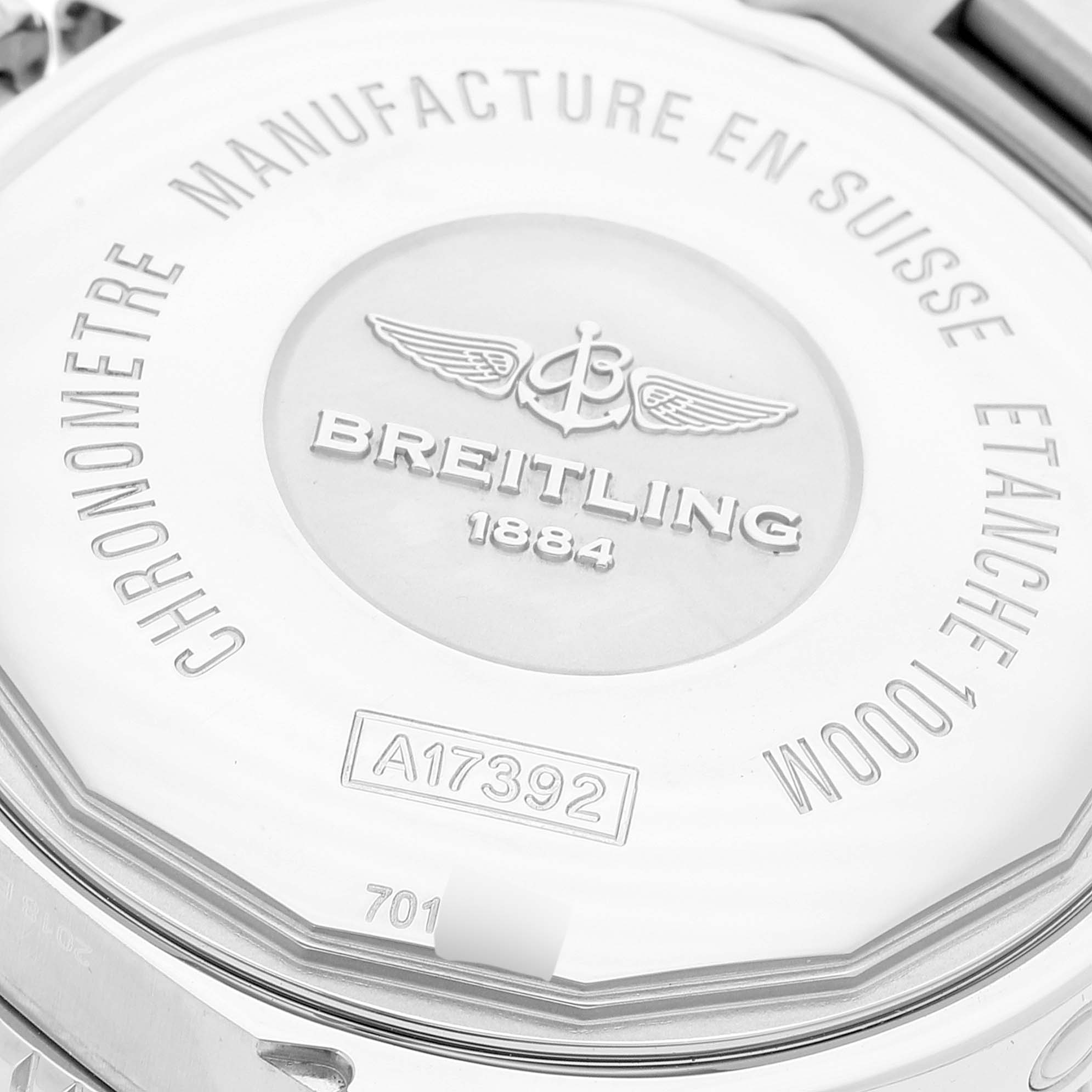 This image shows the back case of a Breitling Superocean A17392 Men's Stainless Steel Blue Dial A17392 Men's Stainless Steel Blue Dial watch, highlighting branding and specifications.