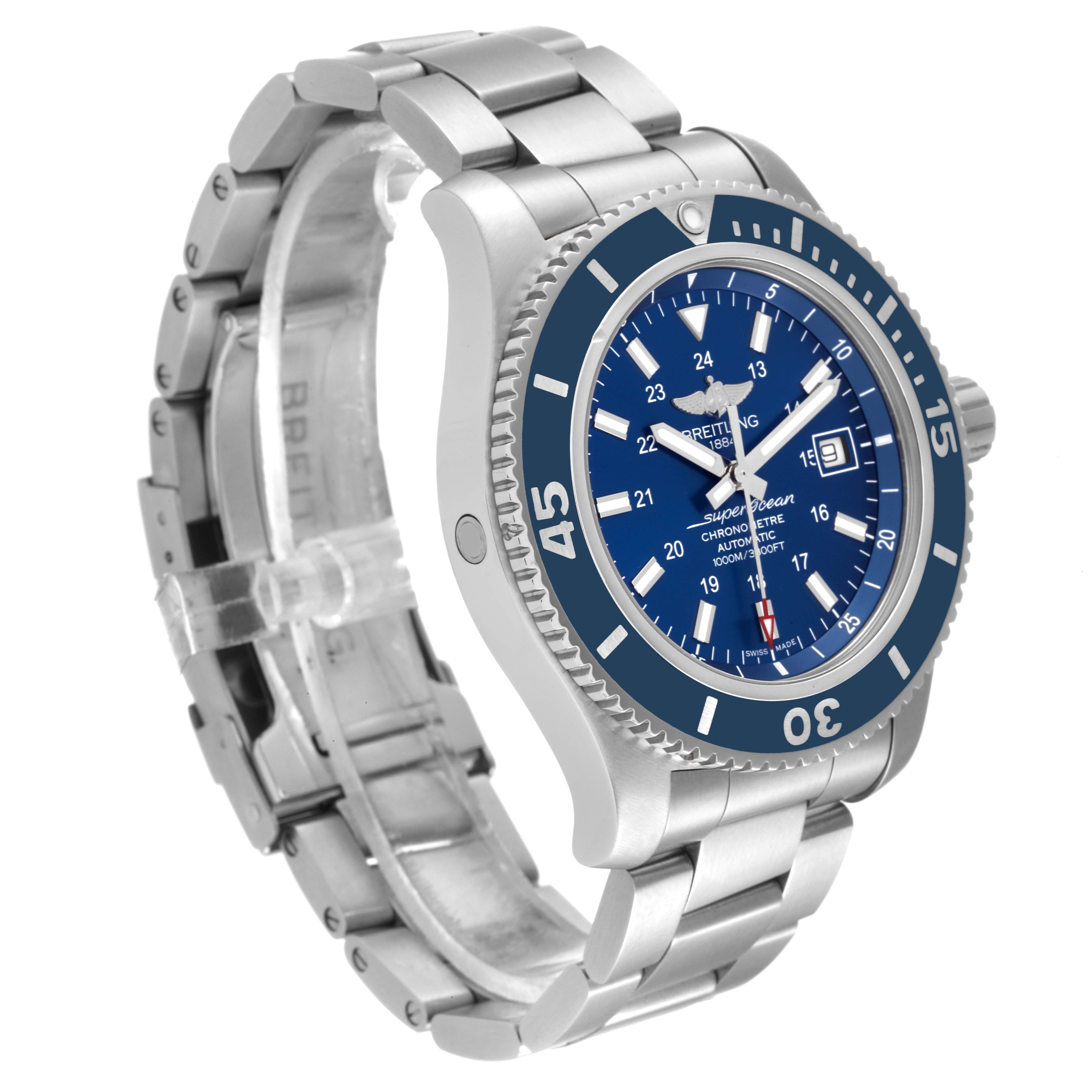 The image shows a Breitling Superocean A17392 Men's Stainless Steel Blue Dial A17392 Men's Stainless Steel Blue Dial watch from an angled side view, displaying its blue dial, bezel, and stainless steel bracelet.