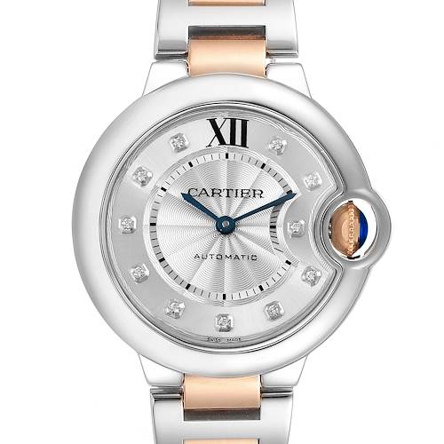 The close-up image shows the face, dial, and partial bracelet of a Ballon Bleu de Cartier watch.