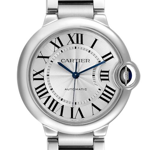The image shows a close-up of the Cartier Ballon Bleu W6920046 Men's Stainless Steel Silver Dial W6920046 Men's Stainless Steel Silver Dial watch face and part of the stainless steel bracelet.