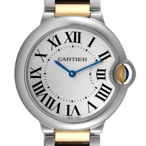 The close-up image shows the dial, Roman numeral hour markers, and part of the bracelet of the Cartier Ballon Bleu W69008Z3 Men's Steel and Gold (two tone) Silver Dial W69008Z3 Men's Steel and Gold (two tone) Silver Dial watch.
