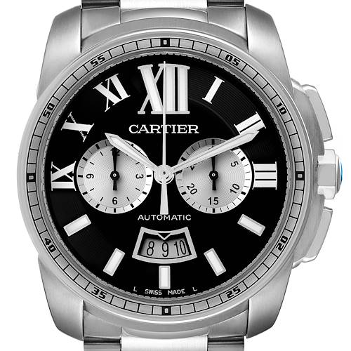 The image shows a Calibre de Cartier model by Cartier viewed from the front, displaying the dial, hands, subdials, and date window.