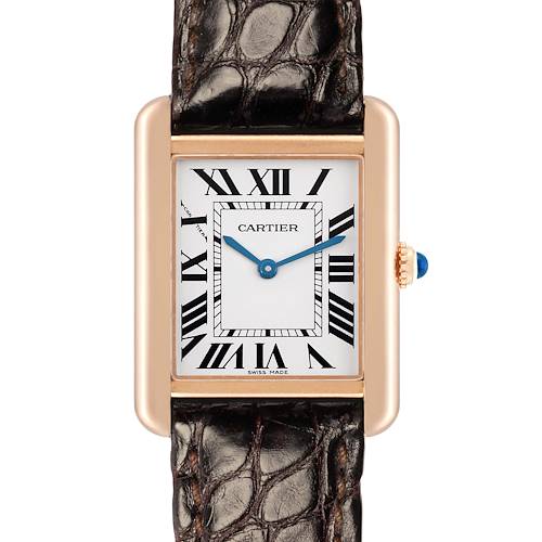 The Cartier Tank Solo W5200024 Women's Rose Gold Silver Dial watch is shown from the front, highlighting its rectangular face, Roman numerals, and leather strap.