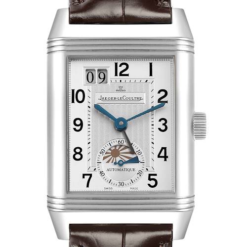 The Jaeger-LeCoultre Reverso watch is shown from the front, displaying its rectangular face, dial, hands, and date aperture.