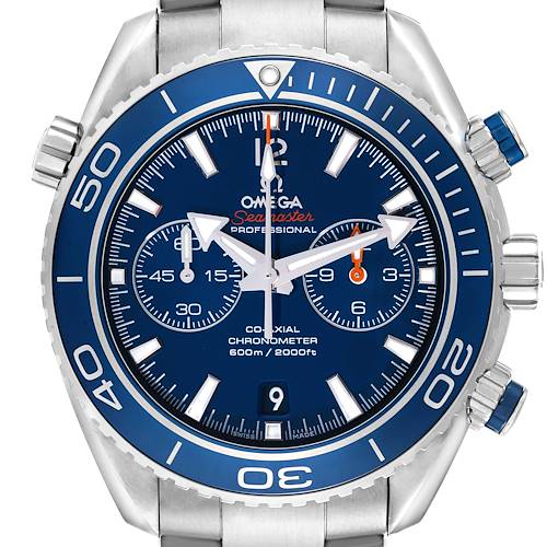 The Omega Planet Ocean 232.90.46.51.03.001 Men's Titanium Blue Dial watch is shown from the front, displaying the face, bezel, and pushers clearly.