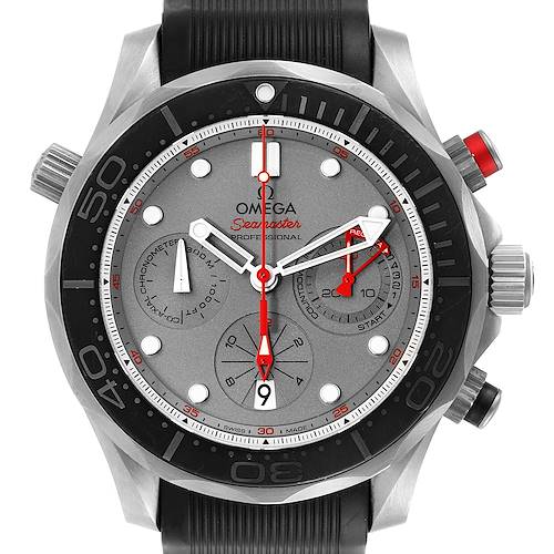 The Omega Seamaster 212.92.44.50.99.001 Men's Titanium Grey Dial 212.92.44.50.99.001 Men's Titanium Grey Dial watch is shown from a front view, displaying its face, bezel, and buttons.