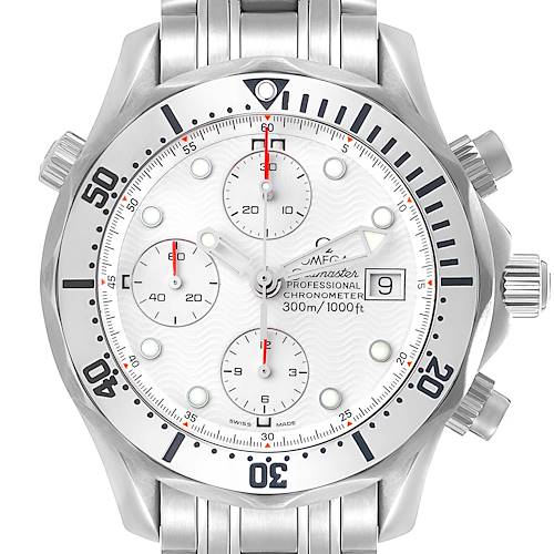 The Omega Seamaster 2598.20.00 Men's Stainless Steel White Dial watch is shown from the front, displaying its face, bezel, pushers, and part of the stainless steel bracelet.