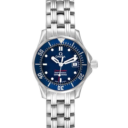 The Omega 2224.80.00 Women's Stainless Steel Blue Dial Seamaster Diver 300M is shown from the front, displaying the blue dial, bezel, and metal bracelet.