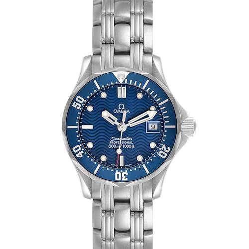 The Omega 2583.80.00 Women's Stainless Steel Blue Dial Seamaster Diver 300M 28mm Blue Dial Steel Ladies Watch 2583.80.00 is shown from the front, displaying its blue dial and steel bracelet.