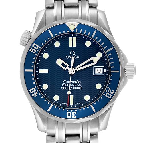 The Omega Seamaster 2561.80.00 Men's Stainless Steel Blue Dial watch is shown from a front angle, displaying the dial, bezel, bracelet, and crown.