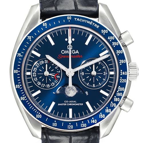 The Omega Speedmaster 304.33.44.52.03.001 Men's Stainless Steel Blue Dial is shown front-facing, displaying its dial, tachymeter, subdials, and pushers.
