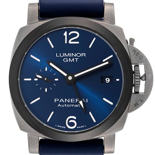 The image shows a front view of the Panerai Luminor PAM01279 Men's Titanium Blue Dial PAM01279 Men's Titanium Blue Dial GMT watch, highlighting its dial, hands, crown guard, and strap attachment.