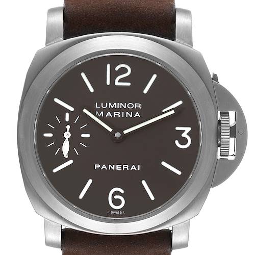 This image shows a front angle of the Panerai Luminor PAM00118 Men's Titanium Brown Dial PAM00118 Men's Titanium Brown Dial Marina watch, highlighting the dial, case, and crown guard.