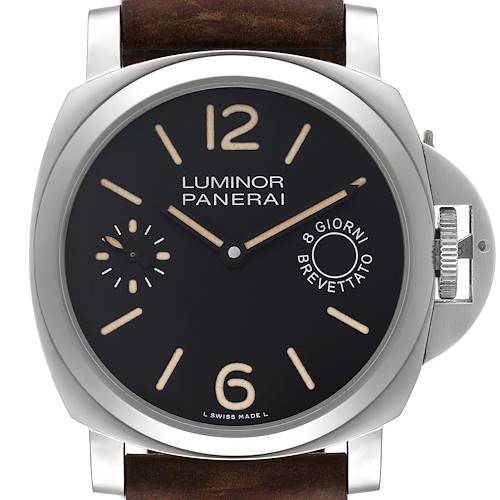 This image shows a front view of a Panerai Luminor PAM00590 Men's Stainless Steel Black Dial PAM00590 Men's Stainless Steel Black Dial watch with a black dial and brown leather strap.