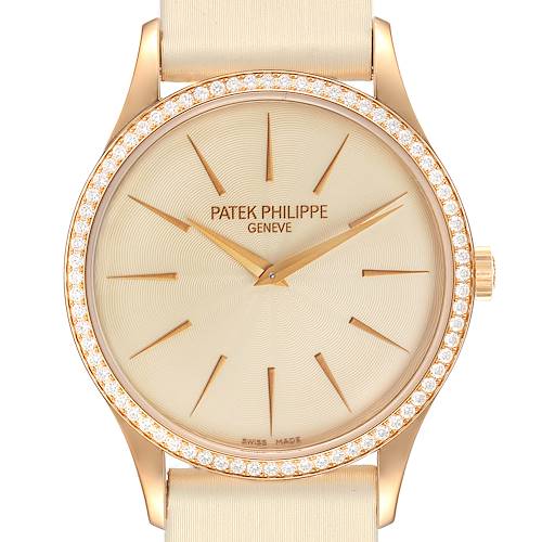 This image shows a front view of the Patek Philippe Calatrava 4897R-010 Women's Rose Gold Beige Dial 4897R-010 Women's Rose Gold Beige Dial watch, highlighting its face, bezel, lugs, and crown.