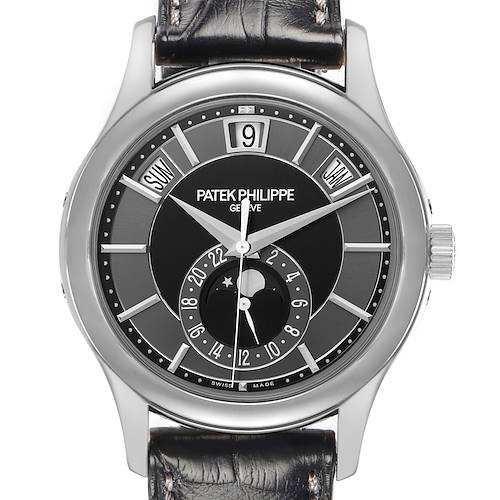 The Patek Philippe Complications 5205 Men's White Gold Black Dial watch is shown from the front, displaying the dial, hands, date, and moon phase features.