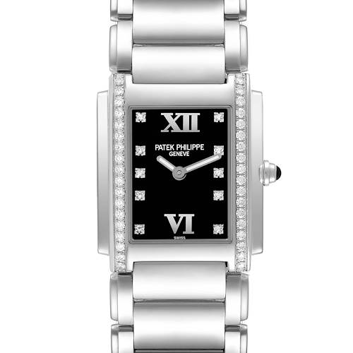 The image shows a front view of a Patek Philippe Twenty-4 4910/10 Women's White Gold Black Dial 4910/10 Women's White Gold Black Dial watch, highlighting its dial, bezel, and part of the bracelet.