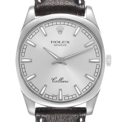 The image shows a frontal view of a Rolex Cellini 4243 Men's White Gold Silver Dial watch, highlighting its dial, hands, case, and part of the leather strap.