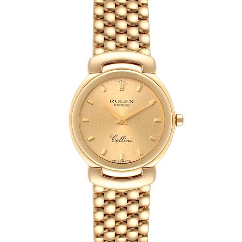 The image shows a front view of the Rolex Cellini 6621 Women's Yellow Gold Champagne Dial 6621 Women's Yellow Gold Champagne Dial watch featuring a gold case and bracelet, with a gold dial.