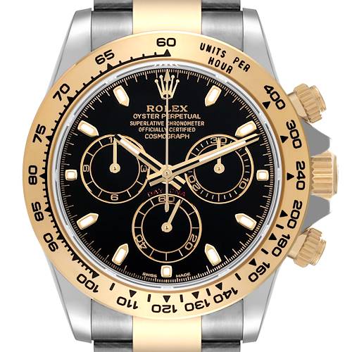 The image shows a frontal view of a Rolex Daytona 116503 Men's Steel and Gold (two tone) Black Dial 116503 Men's Steel and Gold (two tone) Black Dial watch, highlighting the dial, bezel, and part of the bracelet.
