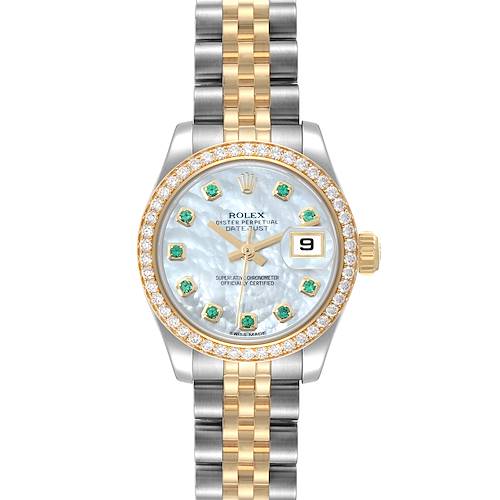 This image shows a Rolex Datejust 179383 Women's Steel and Gold (two tone) Mother of Pearl Dial 179383 Women's Steel and Gold (two tone) Mother of Pearl Dial watch from a front angle, highlighting the dial, bezel, and bracelet.