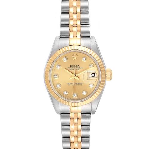 The image shows a front view of the Rolex Datejust 79173 Women's Steel and Gold (two tone) Champagne Dial 79173 Women's Steel and Gold (two tone) Champagne Dial watch, highlighting the dial, bezel, crown, and two-tone bracelet.