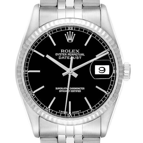 The image shows a front view of the Rolex Datejust 16234 Men's Stainless Steel Black Dial, displaying its dial, bezel, and part of the bracelet.