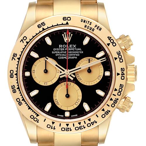 The image shows a frontal close-up view of the Rolex Daytona 116508 Men's Yellow Gold Black Dial 116508 Men's Yellow Gold Black Dial watch, highlighting the face, bezel, and chronograph dials.