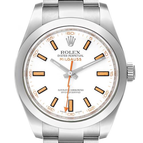 The image shows a front view of a Rolex Milgauss 116400 Men's Stainless Steel White Dial 116400 Men's Stainless Steel White Dial watch, displaying the dial, hands, markers, and part of the bracelet.