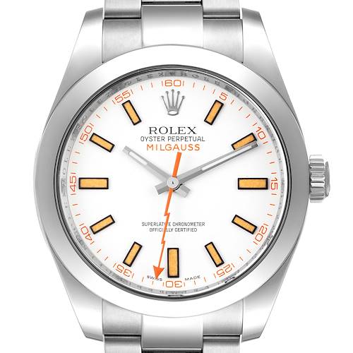 The image shows a front view of the Rolex Milgauss 116400 Men's Stainless Steel White Dial 116400 Men's Stainless Steel White Dial watch displaying its dial, hands, markers, and bracelet.
