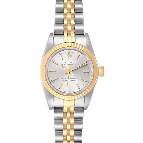 The image shows a front view of a Rolex Oyster Perpetual 67193 Women's Steel and Gold (two tone) Silver Dial 67193 Women's Steel and Gold (two tone) Silver Dial watch, highlighting the face, bezel, and bi-color bracelet.