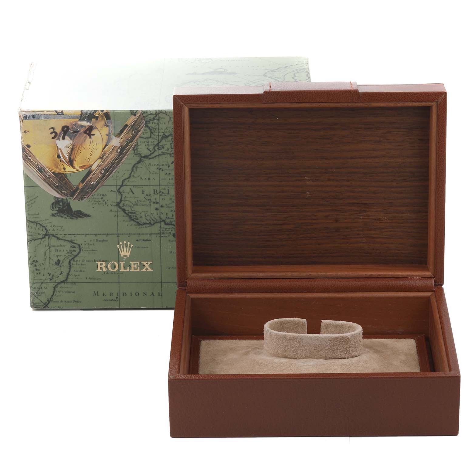 This image shows an empty Rolex Oysterquartz 19018 Men's Yellow Gold Champagne Dial 19018 Men's Yellow Gold Champagne Dial watch box and outer packaging from a frontal angle.