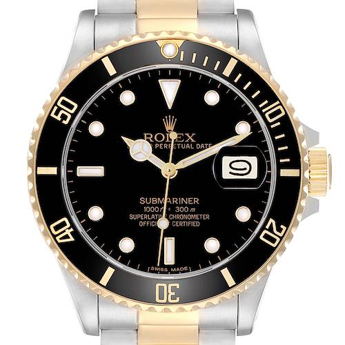 The image shows a front view of a Rolex Submariner 16803 Men's Steel and Gold (two tone) Black Dial watch, highlighting the dial, bezel, case, and part of the bracelet.