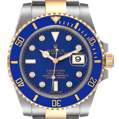 This image shows a Rolex Submariner 116613 Men's Steel and Gold (two tone) Blue Dial 116613 Men's Steel and Gold (two tone) Blue Dial watch from a front angle, highlighting the dial, bezel, and part of the bracelet.