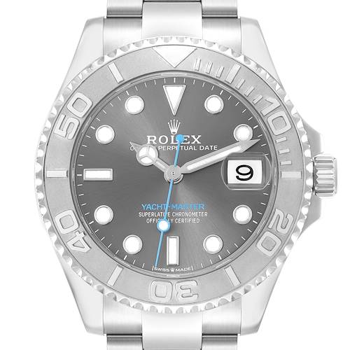 The image shows a front view of the Rolex Yacht-Master 268622 Men's Stainless Steel Silver Dial watch, highlighting the dial, bezel, and crown.