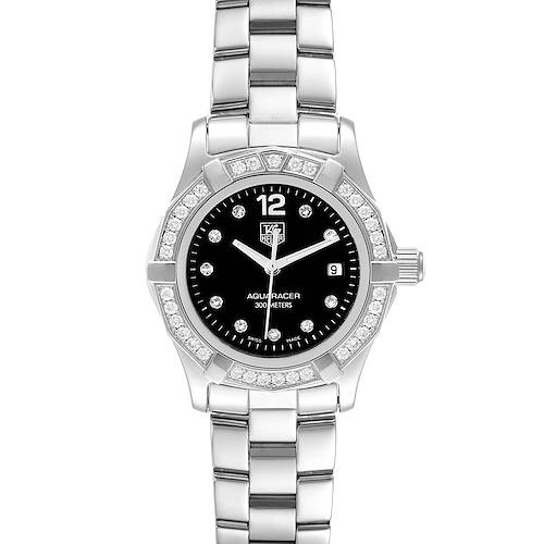 The image shows a front view of a Tag Heuer Aquaracer WAF141D Women's Stainless Steel Black Dial WAF141D Women's Stainless Steel Black Dial watch, highlighting its bezel, dial, and stainless steel bracelet.