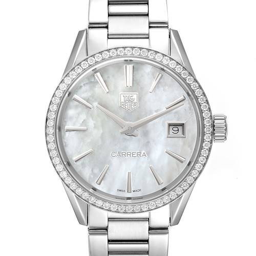 The image shows a Tag Heuer Carrera WAR1315.BA0778 Women's Stainless Steel Mother of Pearl Dial WAR1315.BA0778 Women's Stainless Steel Mother of Pearl Dial model watch at a front angle, highlighting the face, bezel, and part of the bracelet.