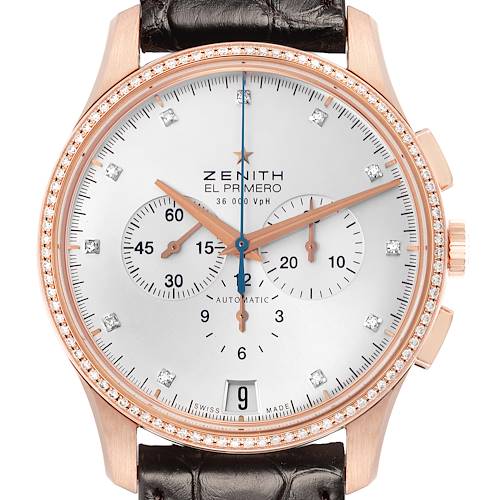 The Zenith El Primero 22.2110.400 Men's Rose Gold Silver Dial watch is shown from the front, highlighting its dial, sub-dials, bezel, and crown.